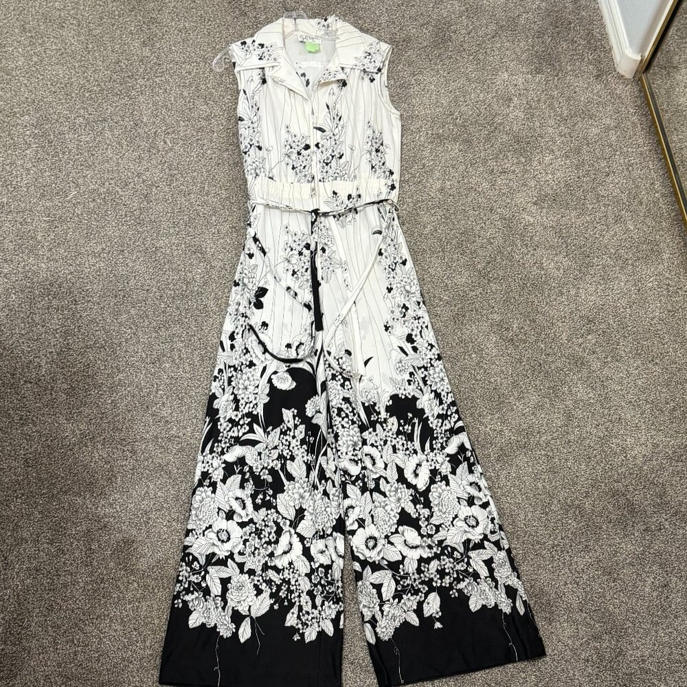Vintage 70s Julie Miller Black and White Sleeveless Bellbottom Jumpsuit
